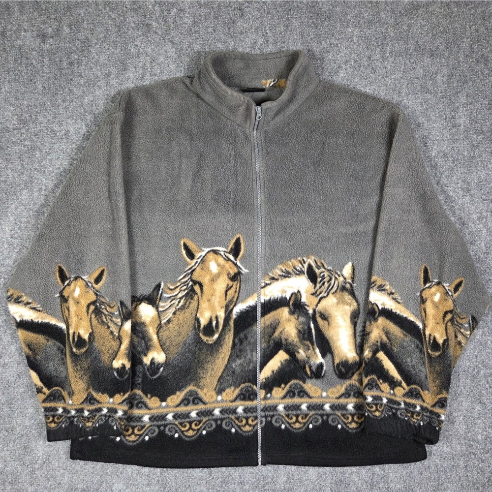 Vintage Mazmania Fleece Jacket Mens XL Gray Horse Graphic Full Zip Mock Neck